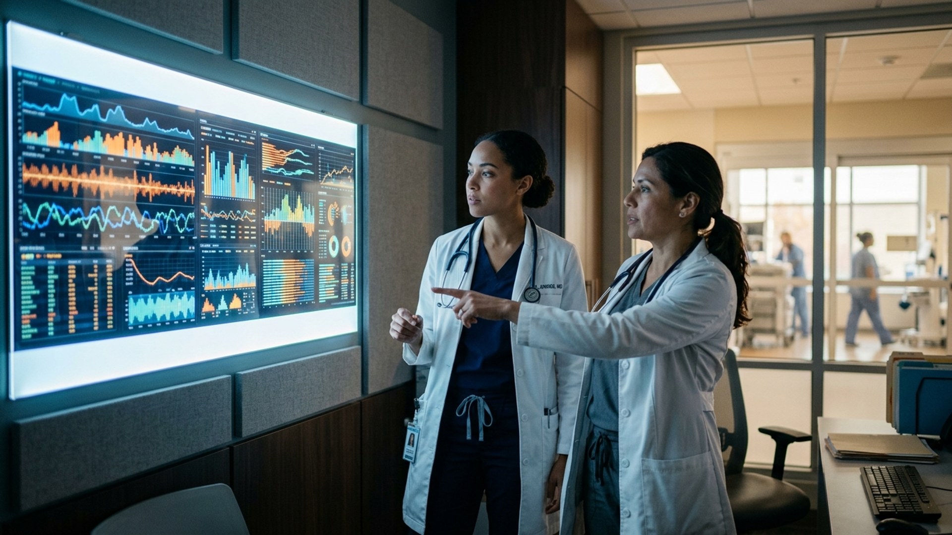 Two physicians reviewing performance data on a large clinical display